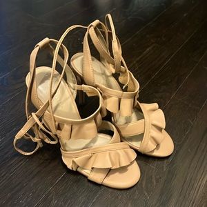 Tan Ruffle Ann Taylor Heels with Ankle Wrap